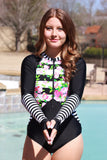 Floral and Striped Long Sleeve Swimsuit