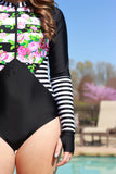 Floral and Striped Long Sleeve Swimsuit